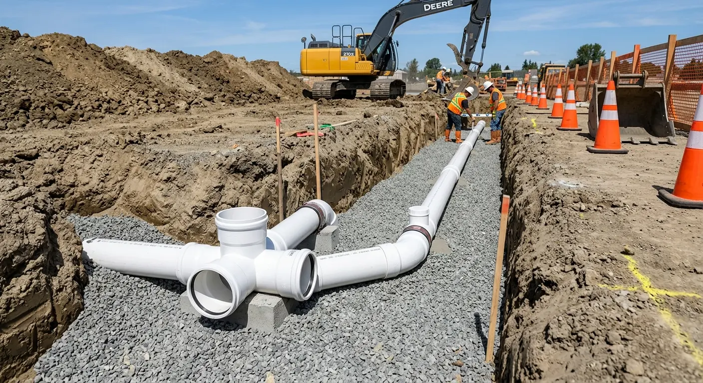 New PVC sewer pipe installation in open trench for Sewer Backup in Carney
