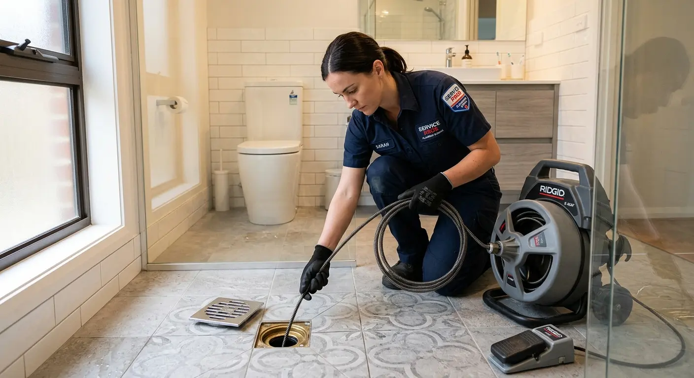 Technician clearing a bathroom floor drain for Drain Cleaning in Carney